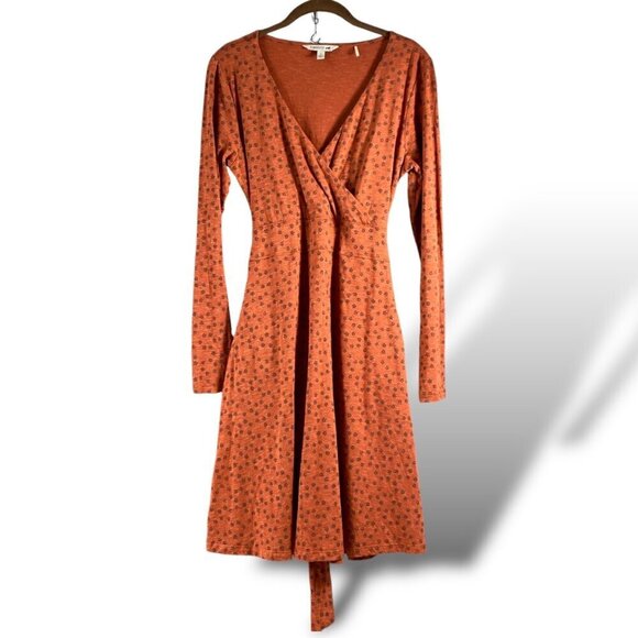 Toad & Co Cue Wrap Dress Womens S Rust Ditsy Floral LS Pocket Stretch Slub Midi - Picture 1 of 10